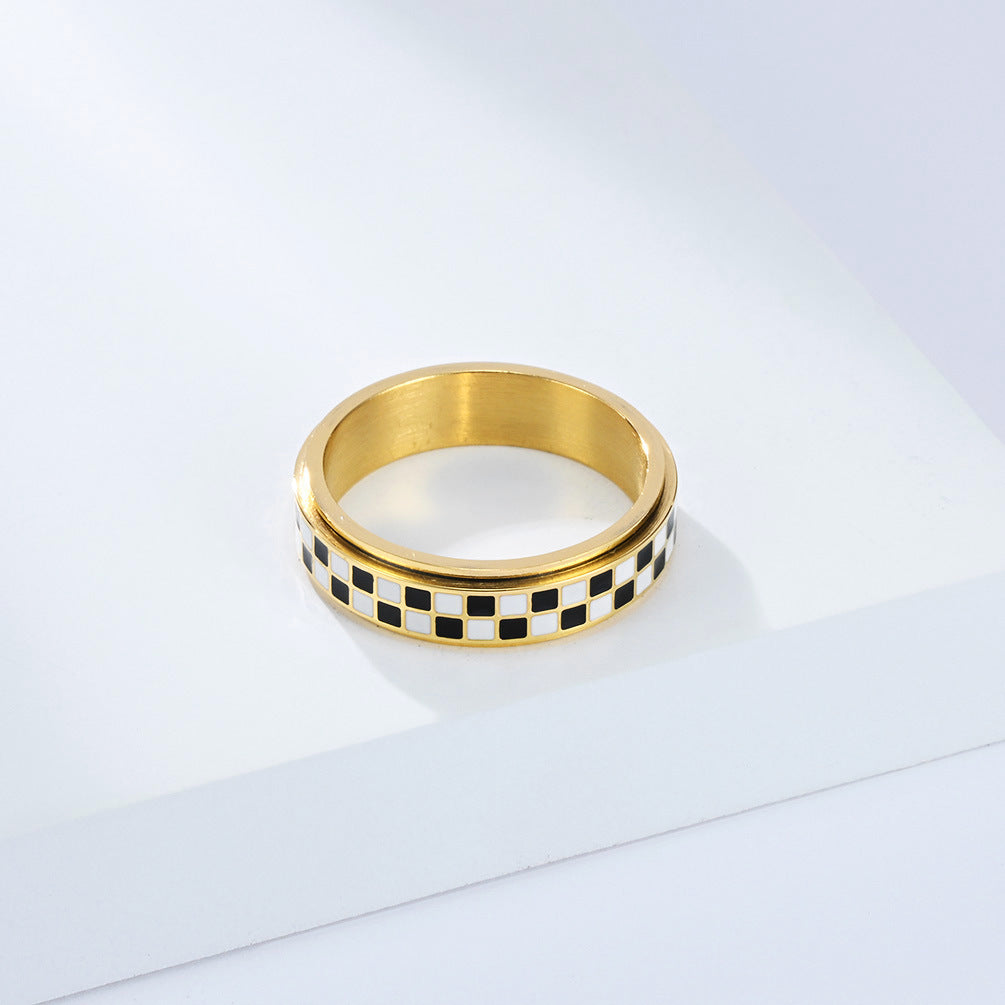 Planderful Rotating Plaid Ring For Women Black And White Niche Design High End Steel Jewelry