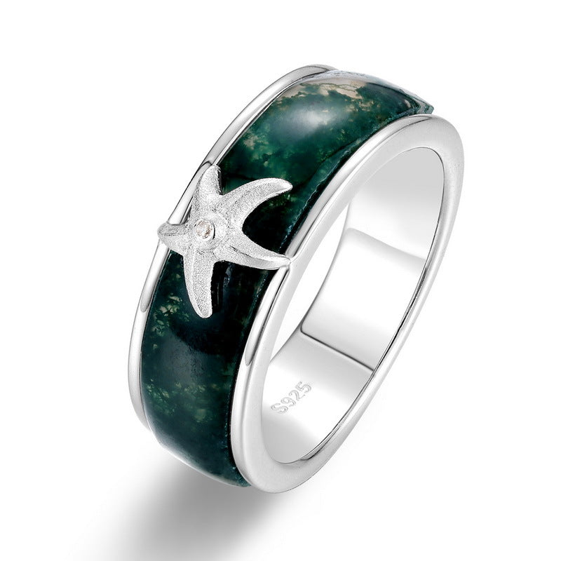 Planderful Jewelry Sterling Silver Starfish Ring With Green Moss Agate S925 Elegance