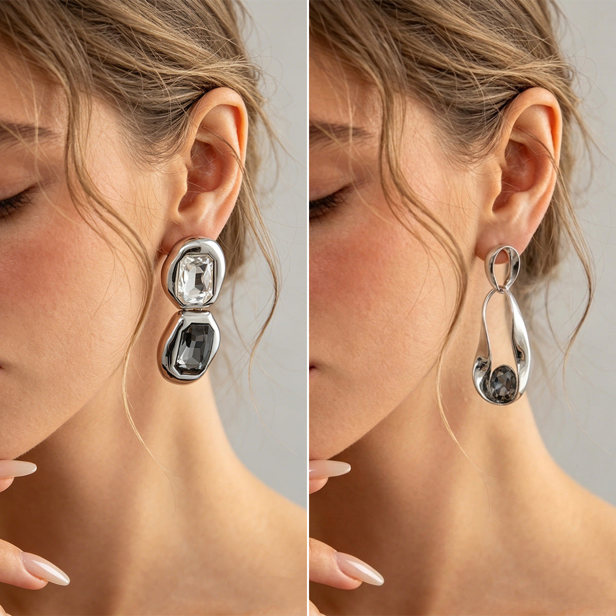 Planderful Gemstone Stud Earrings Two Color Zircon Splicing Design For Modern Women