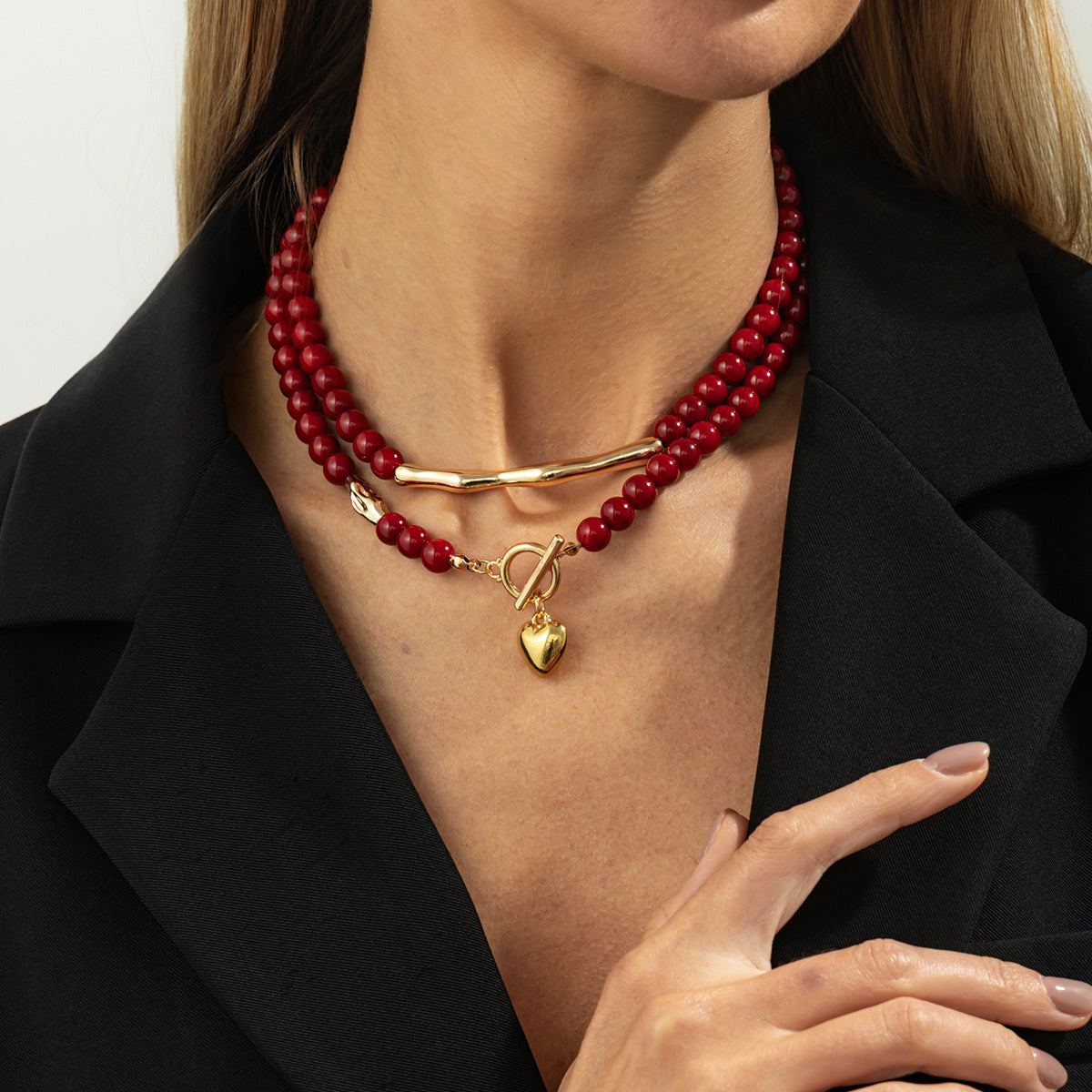Red Beaded Ot Buckle Love Pendant Necklace Liquid Metal Rod Necklace