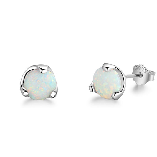 Planderful Jewelry Opal Earrings Sterling Silver Three-Prong Round White Opal For Women
