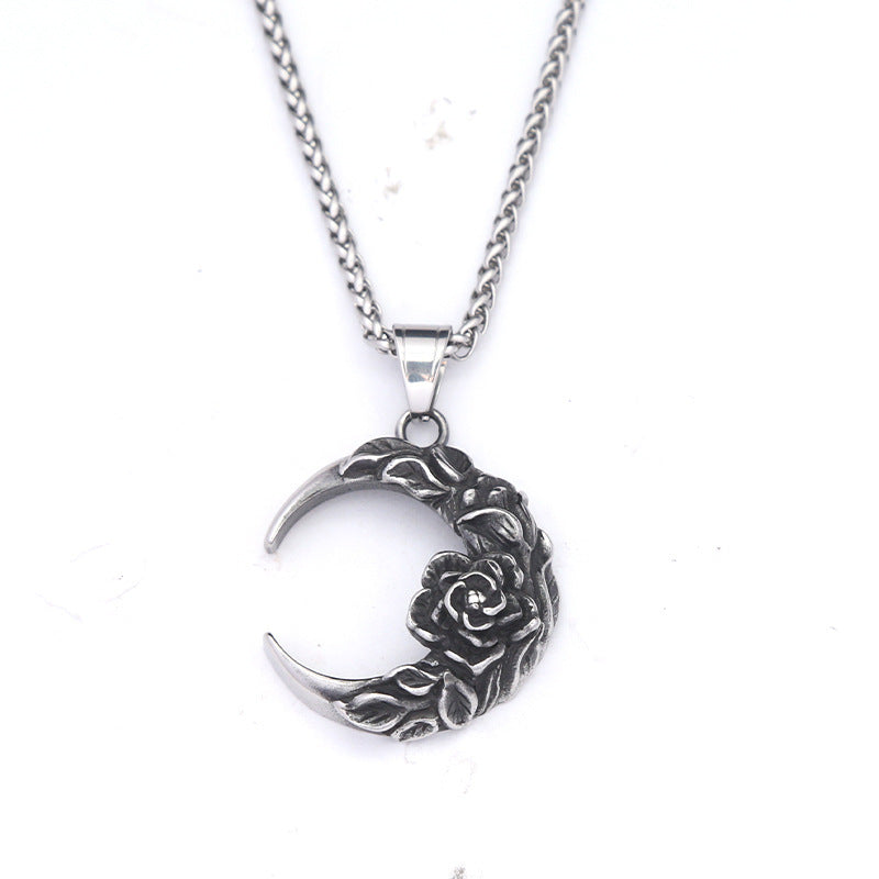 Steel Necklace – Vintage Moon Pendant Dark Moon Rose Titanium Steel Collarbone Chain For Couples