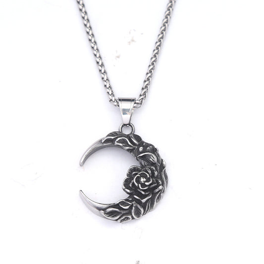 Steel Necklace – Vintage Moon Pendant Dark Moon Rose Titanium Steel Collarbone Chain For Couples