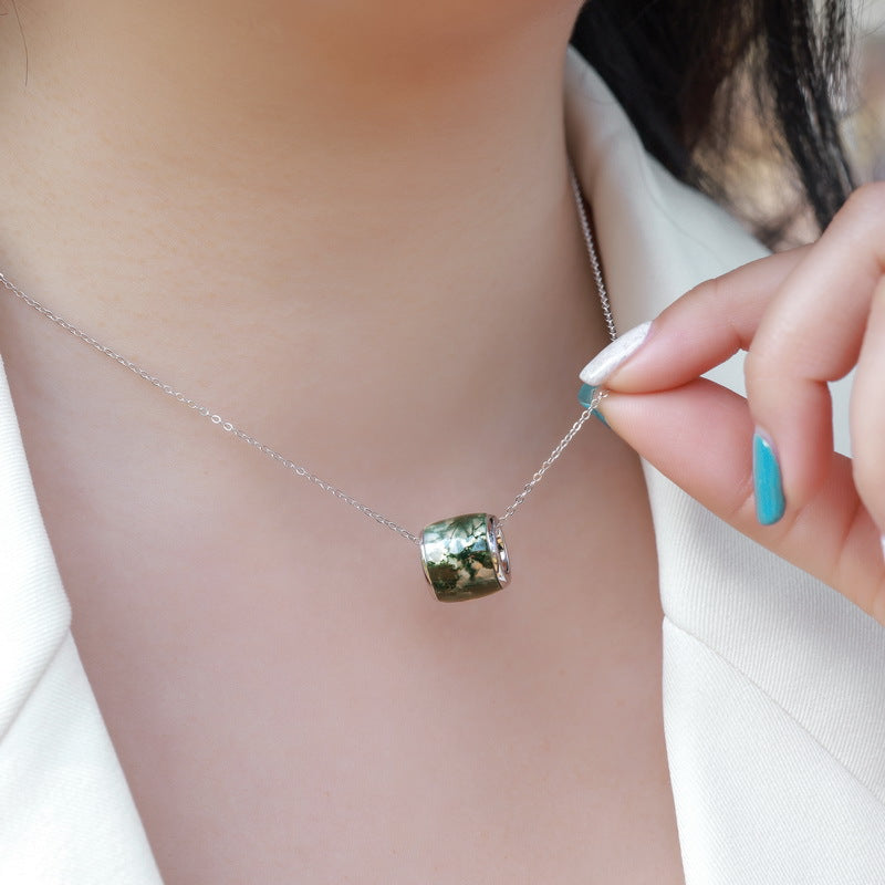 S925 Sterling Silver Moss Agate Pendant Necklace