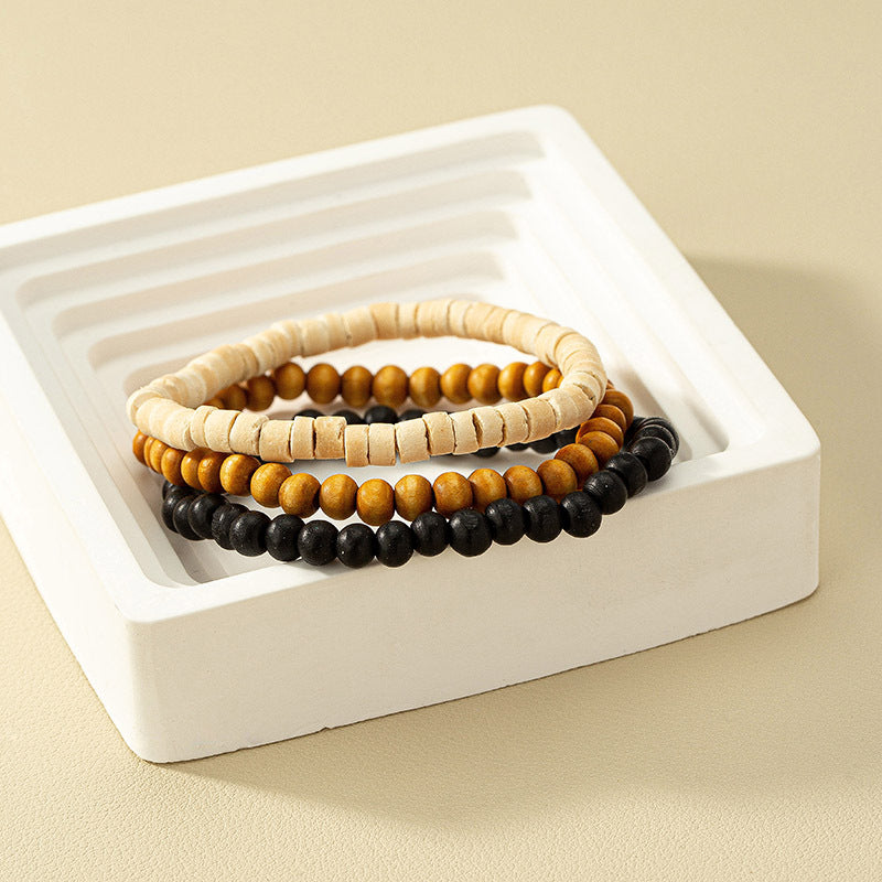Boho Chic Wooden Bead Bracelet Set with Customizable Elastic, Minimalist and Stylish Arm Candy Trio for Niche Market