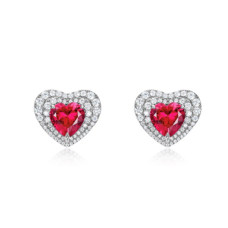 S925 Sterling Silver Lab-Grown Ruby & Zircon Heart Stud Earrings