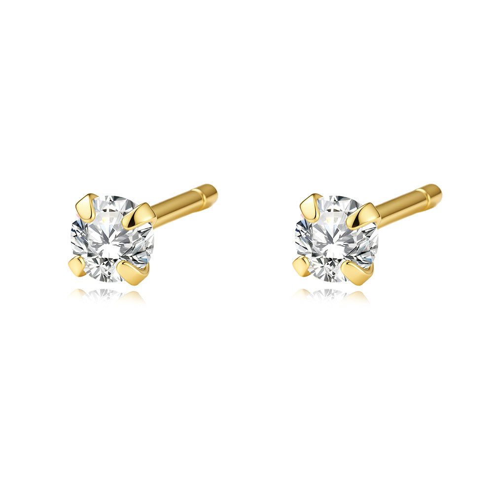 925 Sterling Silver Four-Claw 3mm Zircon Mini Small Stud Earrings, And Round Ear
