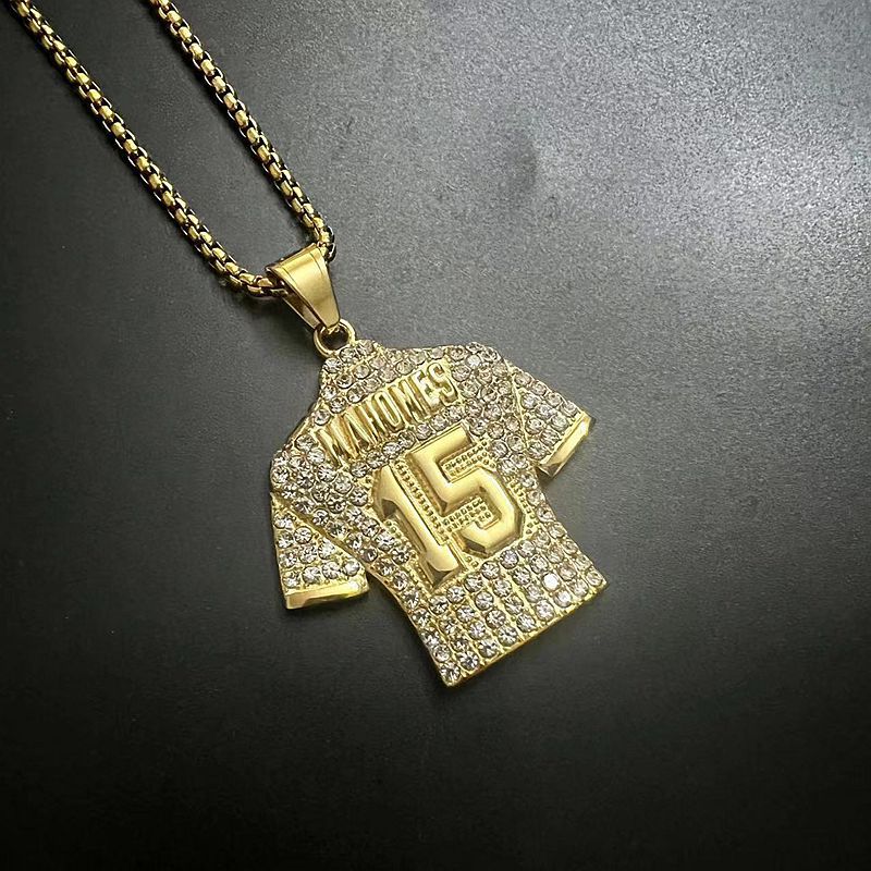 Planderful Premium Hip Hop Necklace Titanium Steel Gold Plated Zircon NFL Jersey Pendant No 15 for Fans