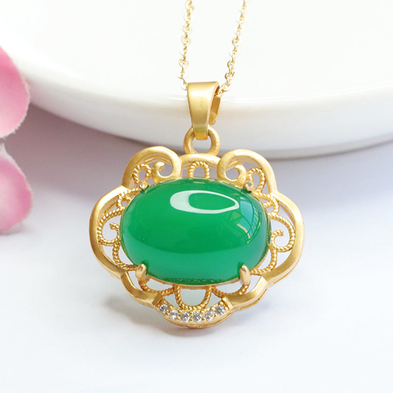 Ethnic Style Jewelry Oval Emperor Green Chalcedony Hollow Ruyi Pendant Necklace