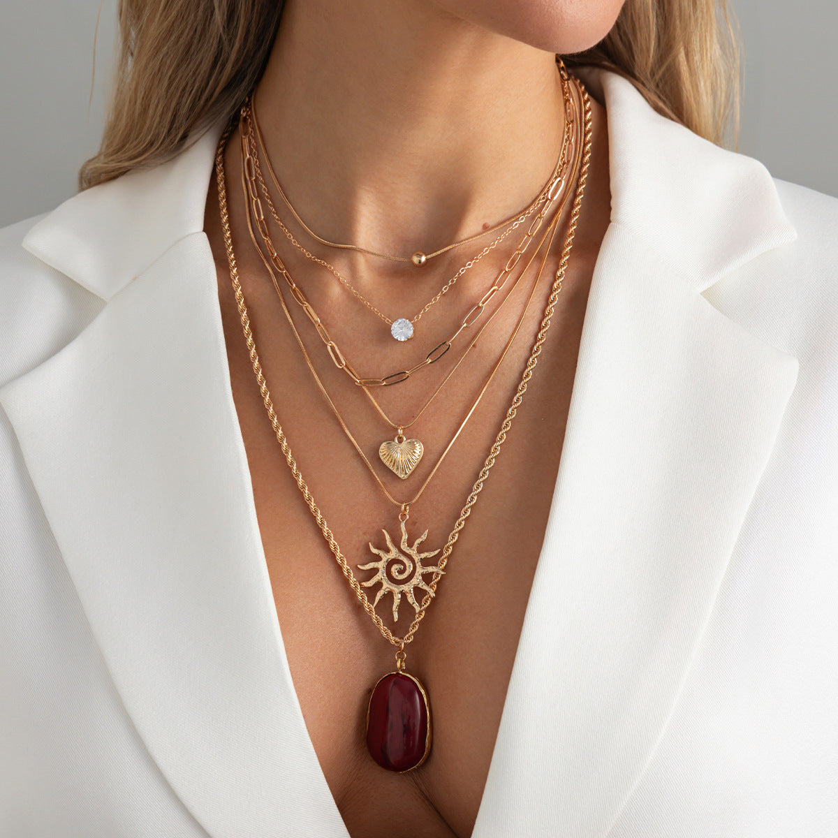 Vintage Red Gemstone-Style Layered Necklace