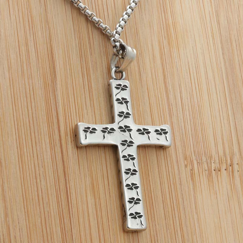 Trendy Men's Titanium Steel Cross and Four-Leaf Clover Pendant Necklace - Punk Retro Style