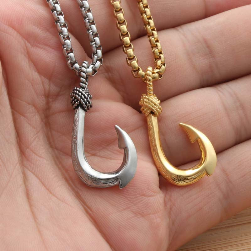 Punk Style Titanium Steel Fishing Hook Pendant Necklace for Men