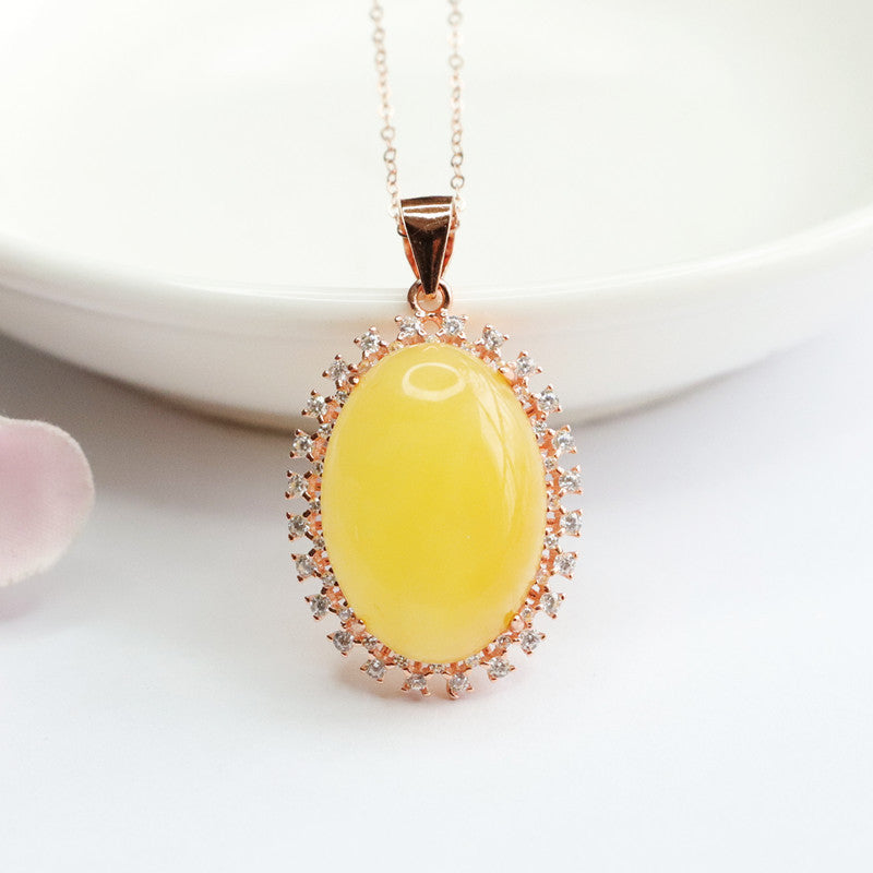Rose Gold Necklace with Beeswax Amber and Zircon Halo Pendant