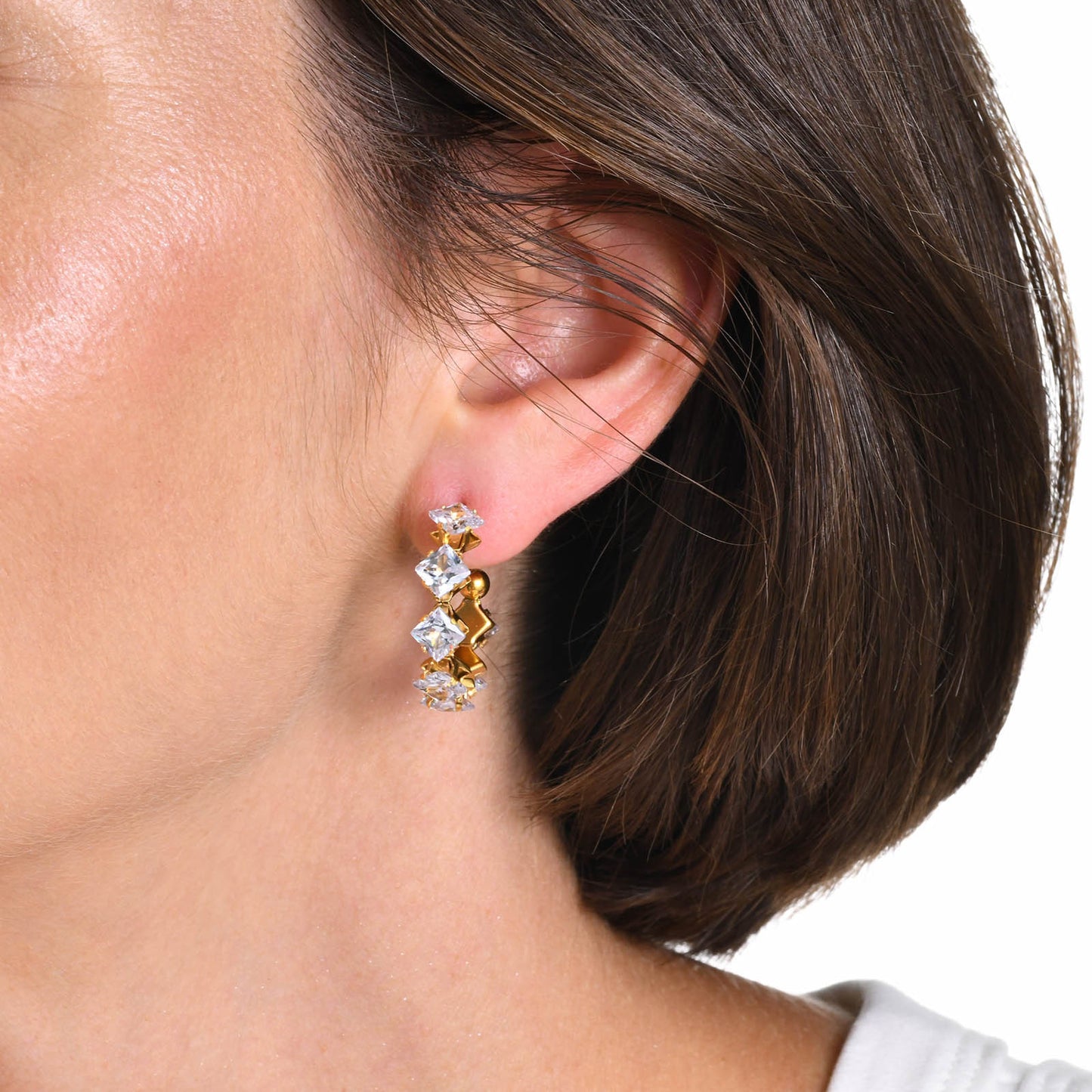 Stainless Steel Plated 18k Gold Rhombus Zircon C Earrings