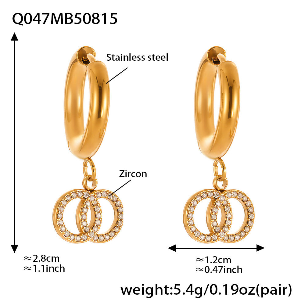 Planderful Zircon Earrings Titanium Steel Double Ring Women
