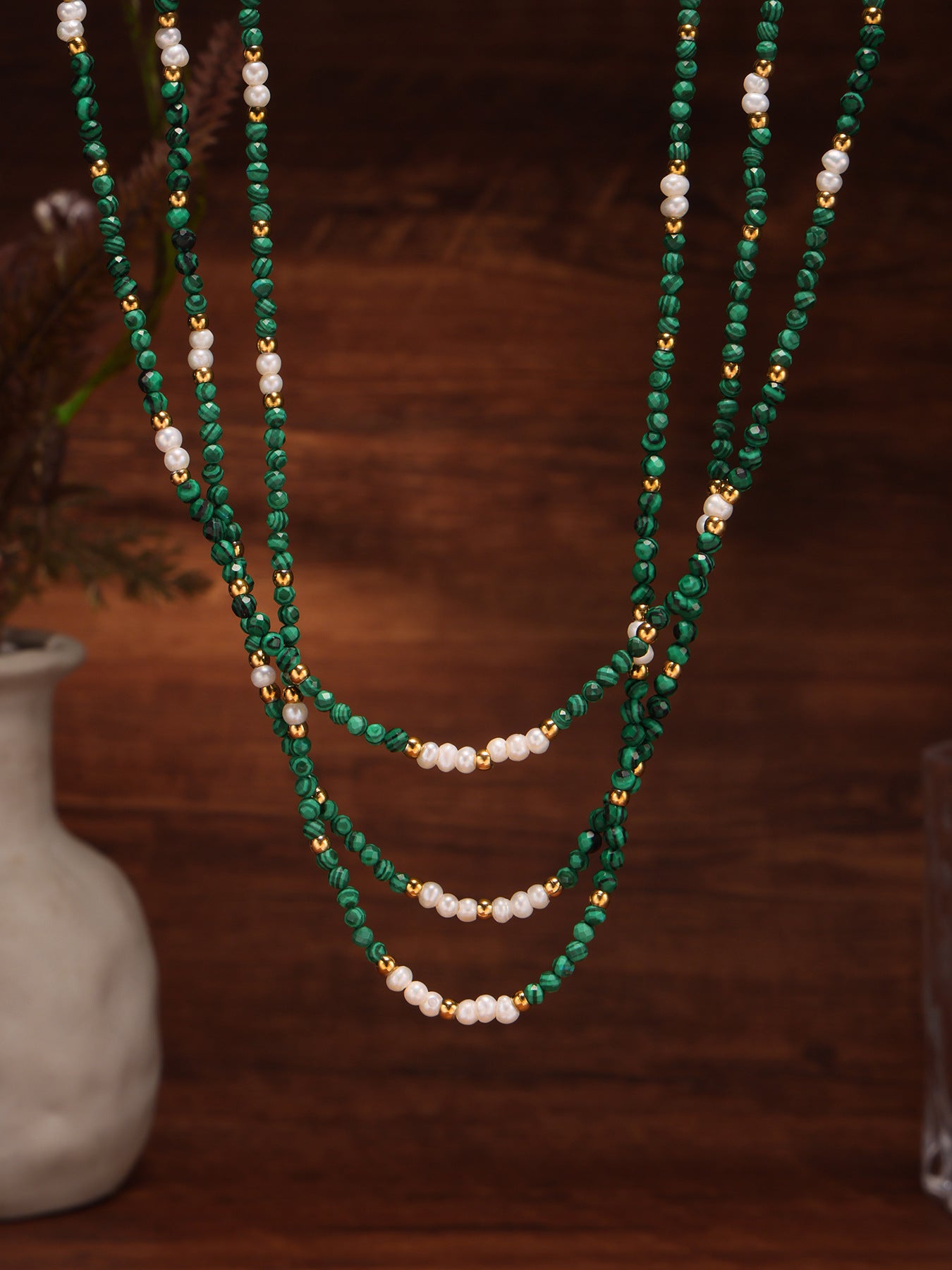 Planderful Clavicle Necklace Beaded Malachite Pearl Girls
