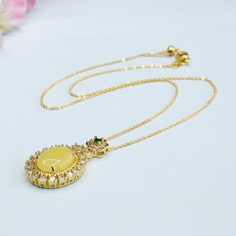 Golden Amber Beeswax Necklace with Zircon Halo