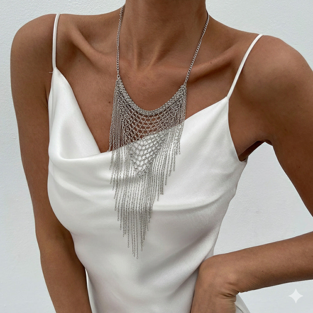 Heavy Industry Metal Mesh Fringed Necklace Exaggerated Geometric Hollow Handmade Punk Mesh