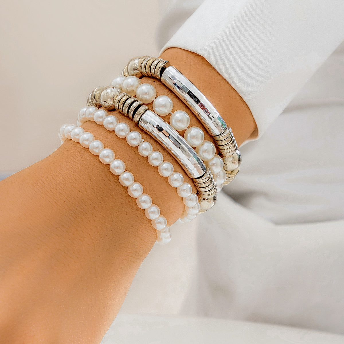 Exaggerated Cyberwind Multi-layer Beaded Bracelet with Imitation Pearl Accents