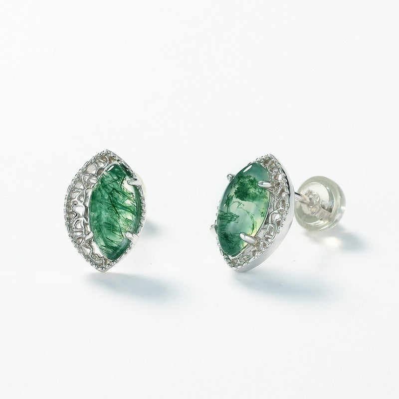 S925 Sterling Silver Gold-Plated Moss Agate Marquise Stud Earrings