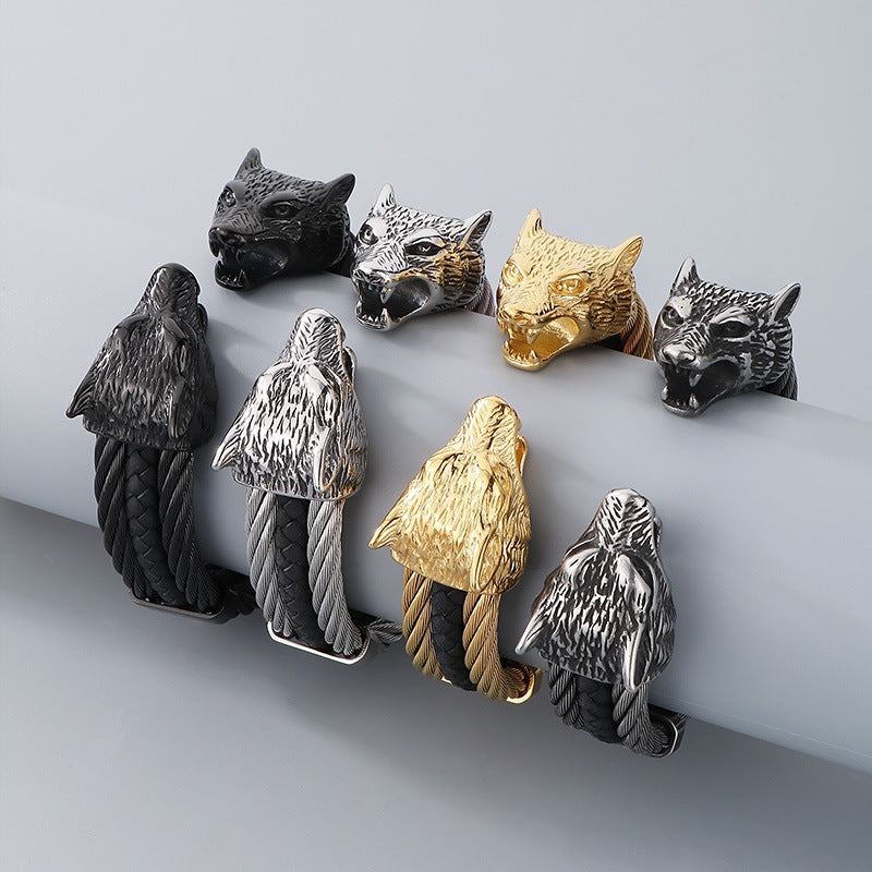 Planderful Mens Skull Wolf Head Steel Leather Bracelet