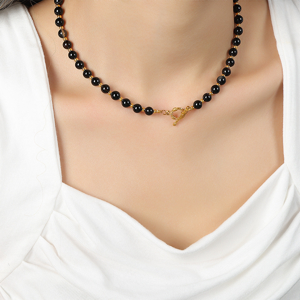 Exquisite Handcrafted Black Agate Necklace with Elegant OT Buckle