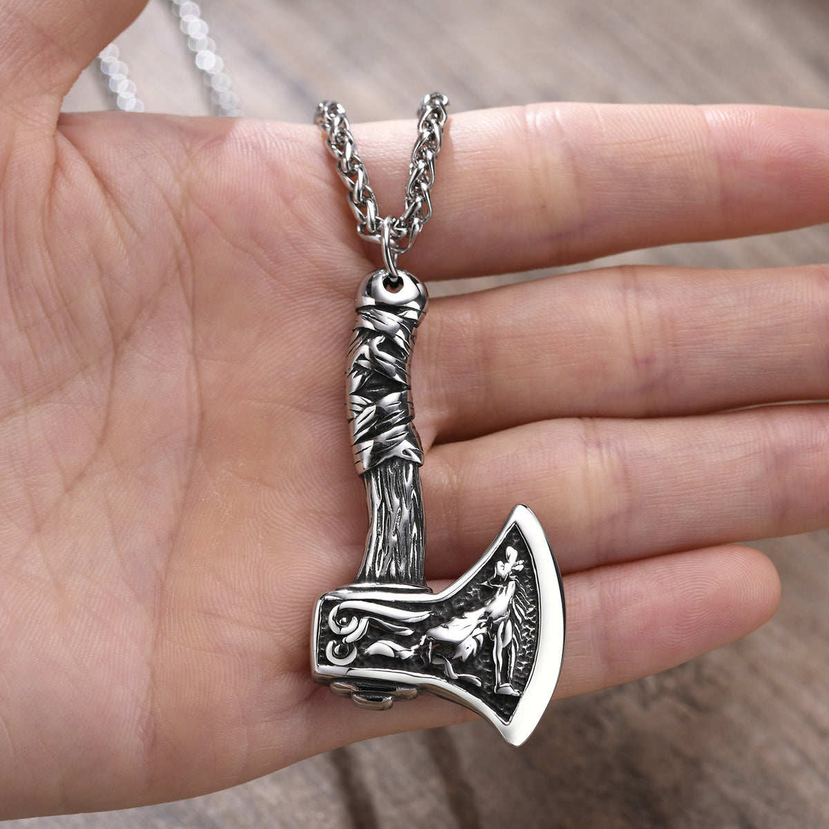 Stainless Steel Viking Axe Element Pendant Necklace Grey Men's