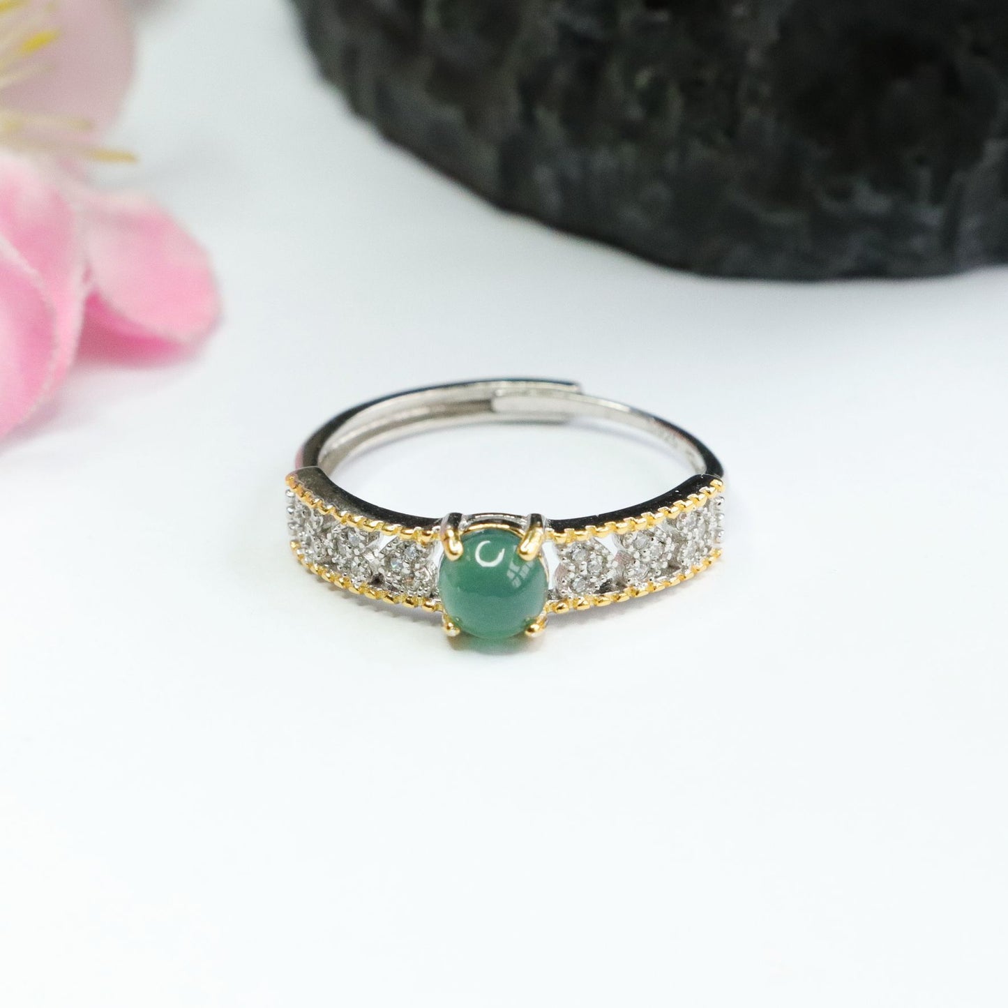Golden Hollow Love Ring with Natural Jade and Sterling Silver
