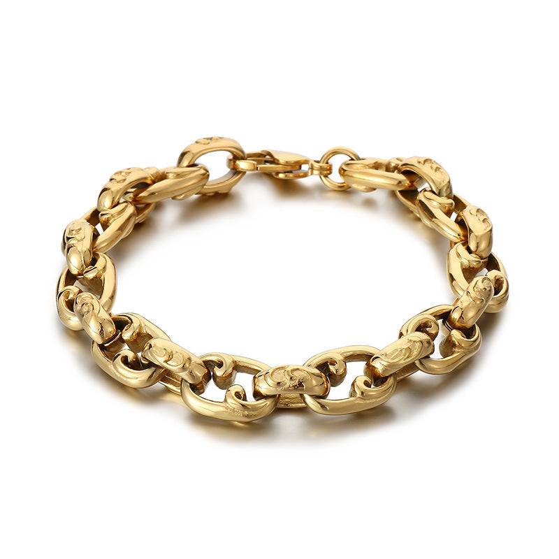 Elegant 18k Gold Floral O-Chain Bracelet for Men - Japanese and Korean Retro Design in Stainless Steel