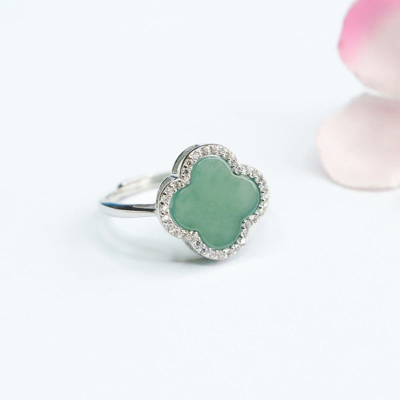 Natural Ice Blue Green Jade Sterling Silver Clover Ring