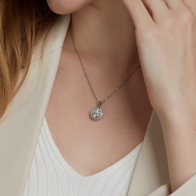 S925 Sterling Silver Moissanite Sunflower Pendant Necklace