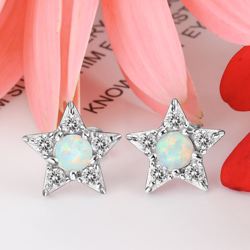 Planderful Jewelry Sterling Silver Opal Zircon Star Stud Earrings for Everyday Elegant Gift