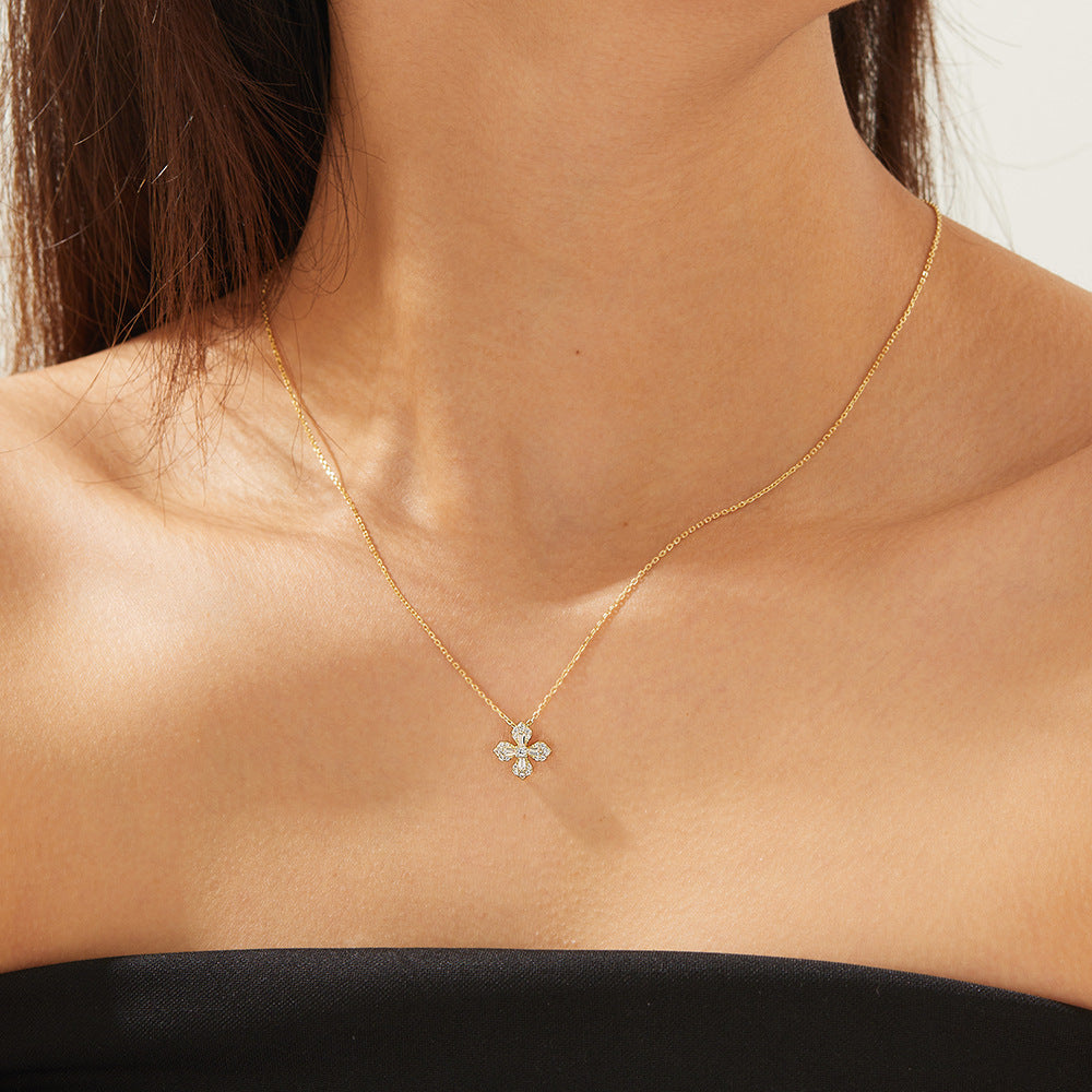 French Micro-Inlaid Zircon Petal Four-Leaf Clover Necklace 925 Sterling Silver And