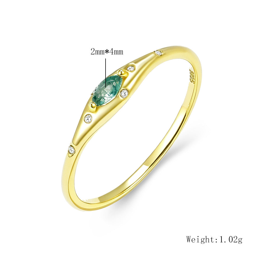 S925 Pure Silver-Green Moss Stone Ring, Fresh Aquatic Agate Finger Ring,
