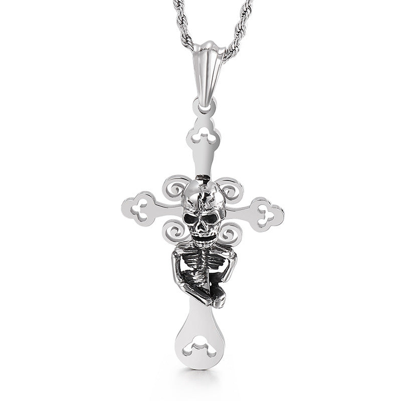Men's Titanium Steel Skull Pendant with Cross Spider Design
