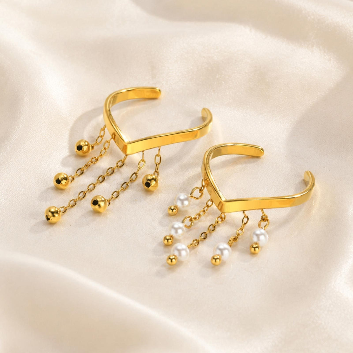 Ladies Open Ring Stainless Steel Gold V-Shaped Imitation Pearl Tassel Elegant