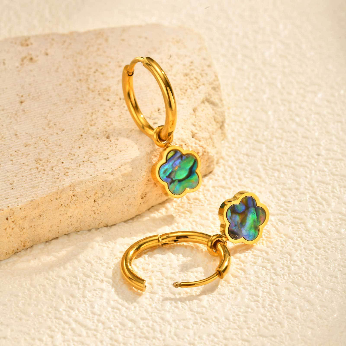 Iridescent Flower Charm Hoop Earrings — Gold Pair