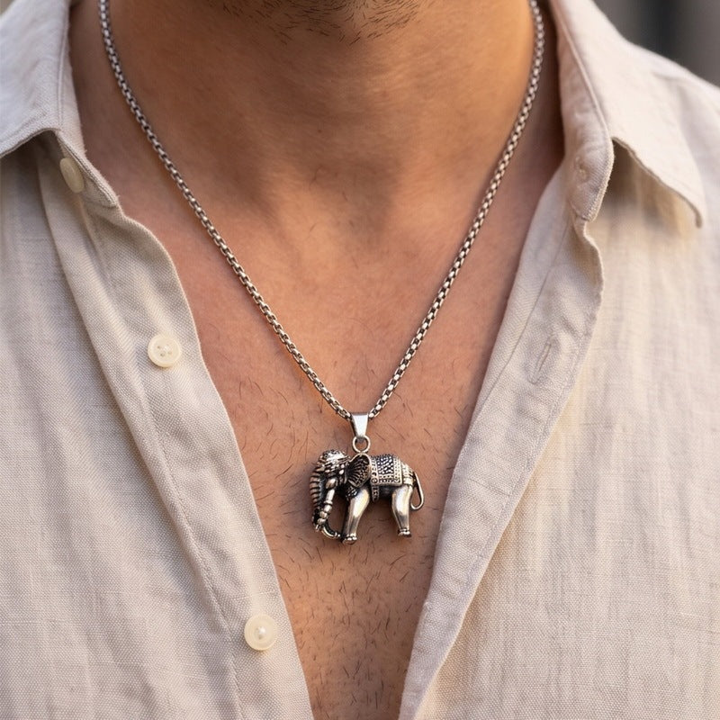 Vintage Ruby Jixiang Pendant Exotic Style Three-Dimensional Elephant Casting Pendant Stainless Steel Men's Necklace