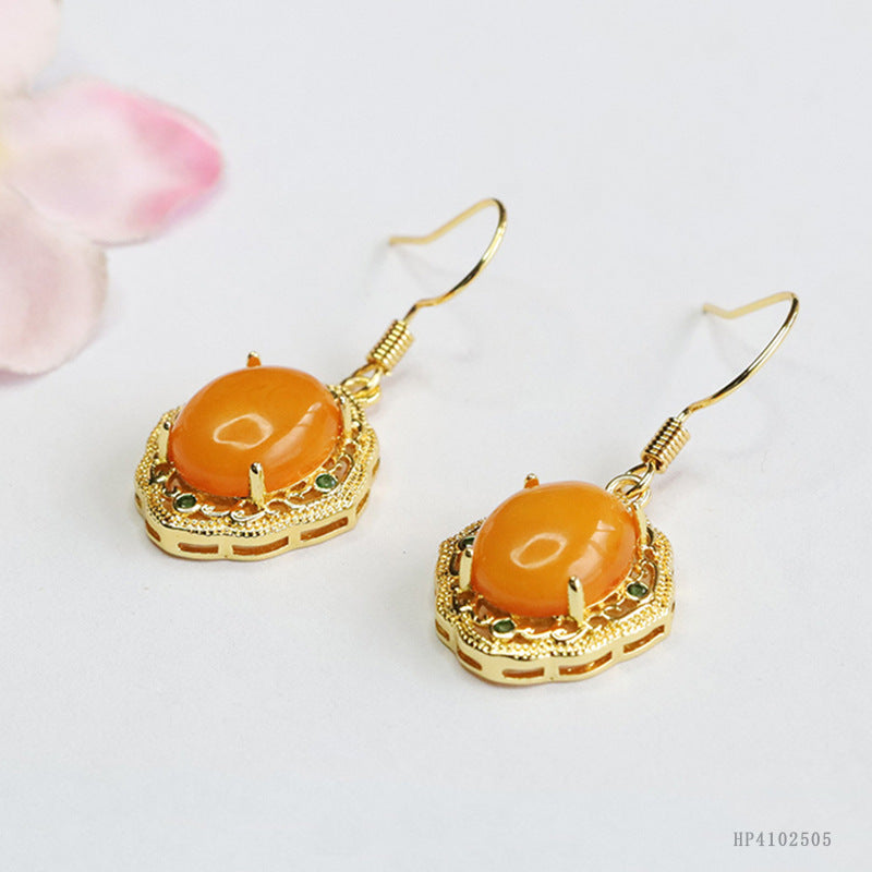 Vintage Beeswax Amber Claw-Set Drop Earrings