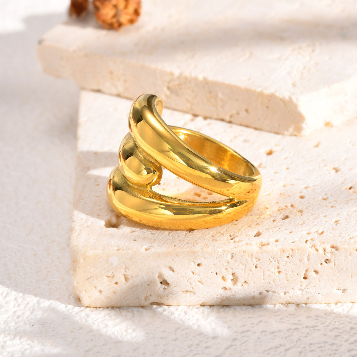 Stylish Stainless Steel Smooth Three-Layer Water Drop Geometric Wave Gold Ring