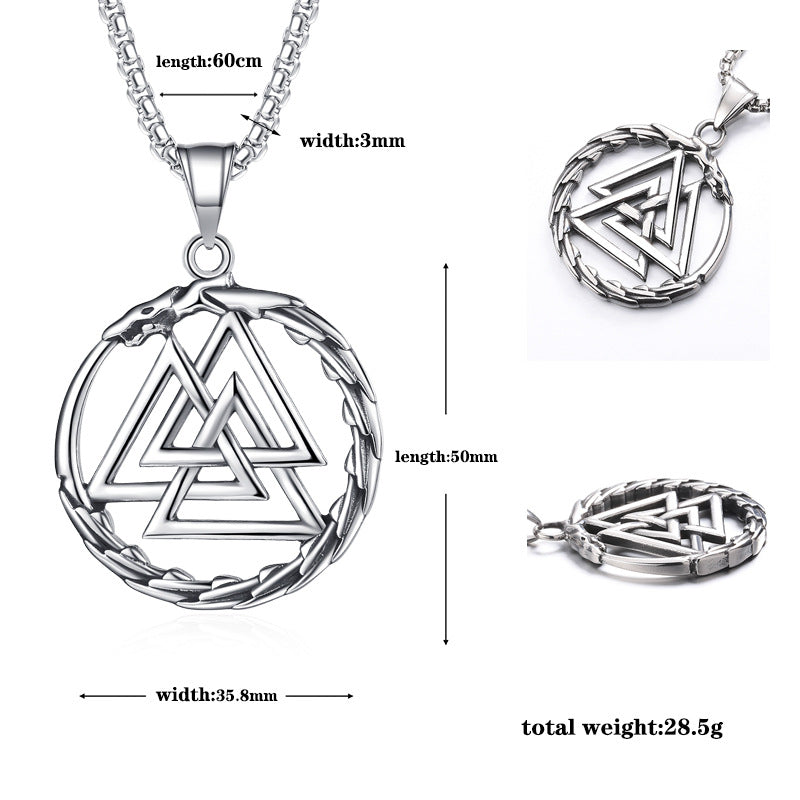 Steel Necklace – Vintage Ouroboros Triangle Rune Pendant For Men Stainless Steel Jewelry