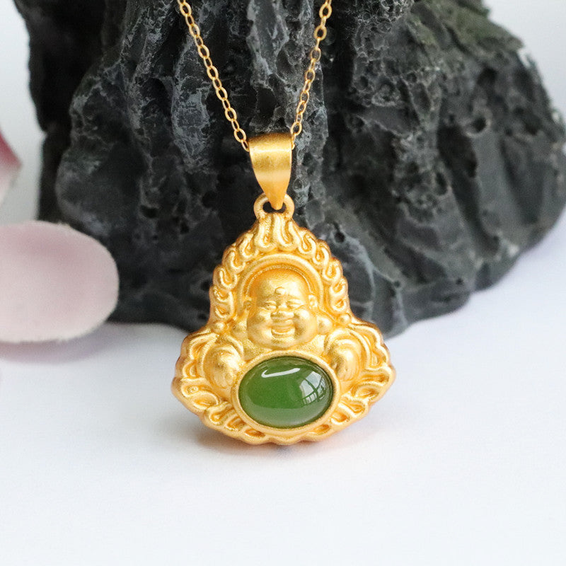 S925 Sterling Silver Hetian Jade Oval Jasper Buddha Necklace Jewelry