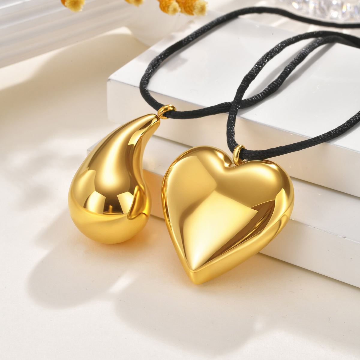 Stainless Steel Hollow Water Drop Heart Pendant Braided Rope Adjustable Necklace