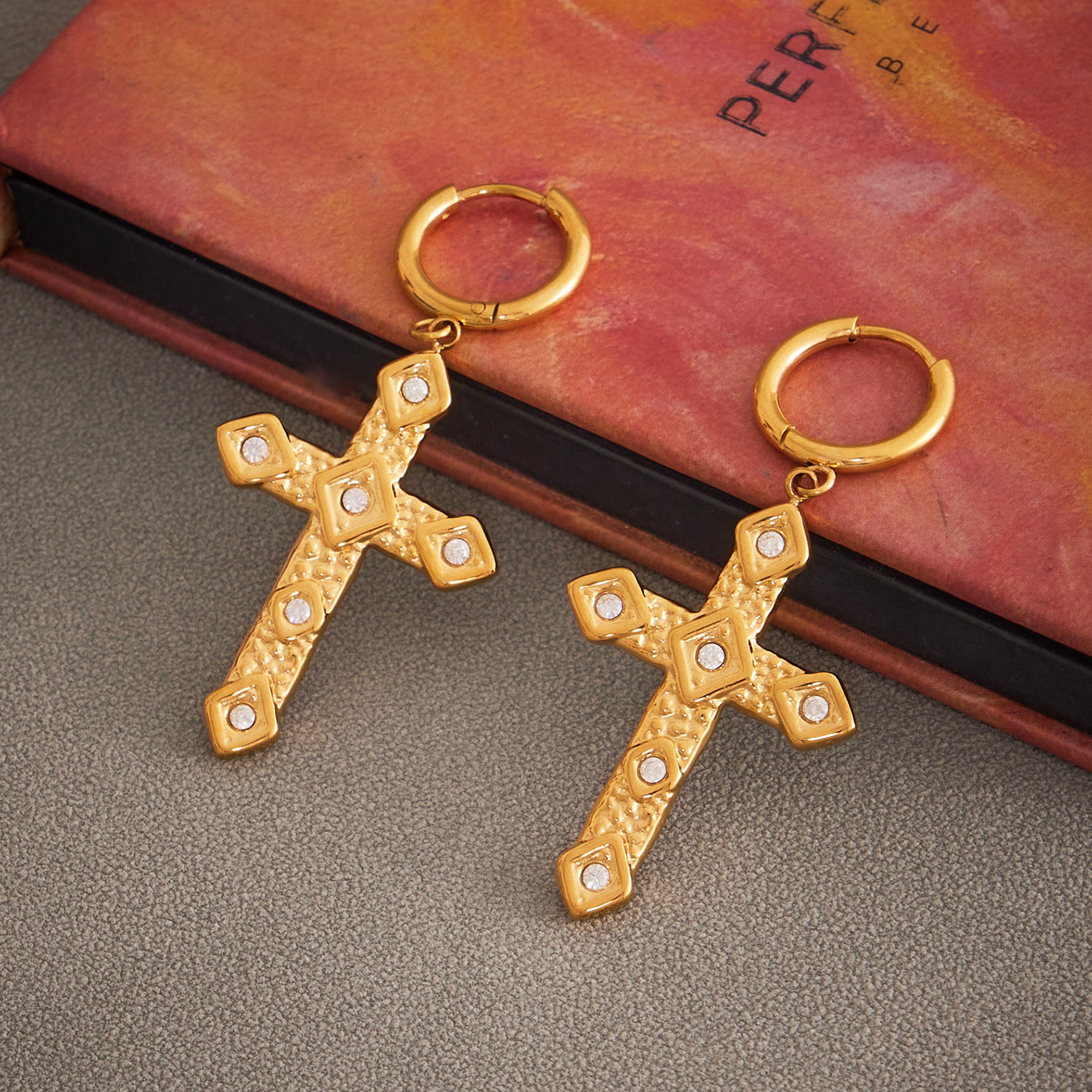 Planderful 18K Gold Texture Cross Zircon Earrings For Women