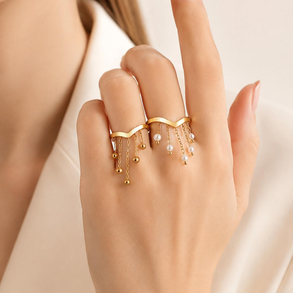 Ladies Open Ring Stainless Steel Gold V-Shaped Imitation Pearl Tassel Elegant