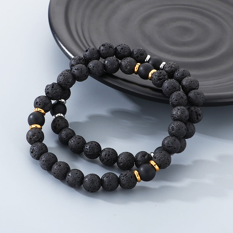 Stainless Steel Bracelet – Punk Volcanic Stone Frosted Black Agate Elastic Rope Handmade