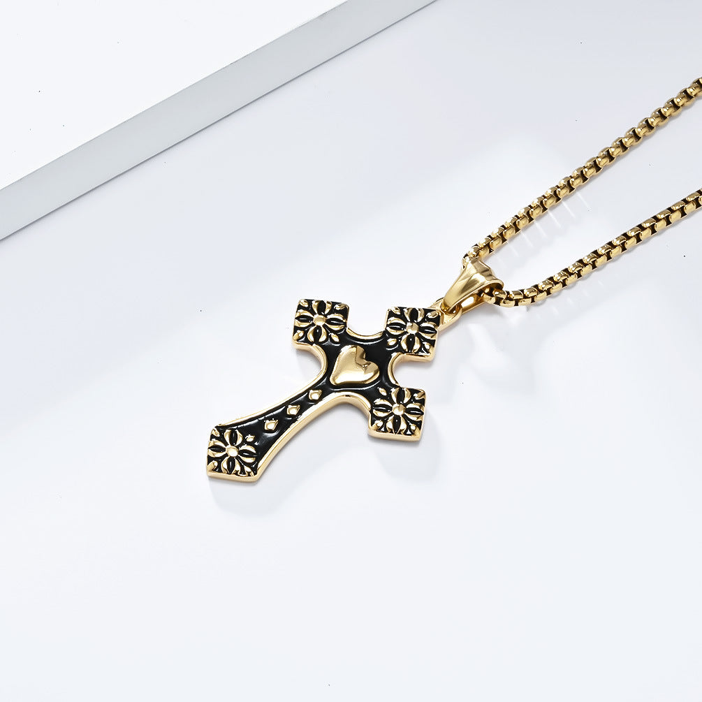 Cross-Border Retro Love-Shaped Cross Necklace Stainless Steel Quality Men's Pendant Wholesale Jewelry