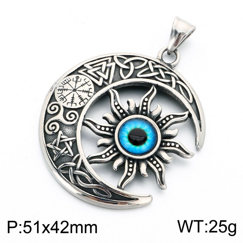 Punk Devil'S Eye Sun And Moon Pendant Viking Celtic Knot Pentagram Round Brand Necklace