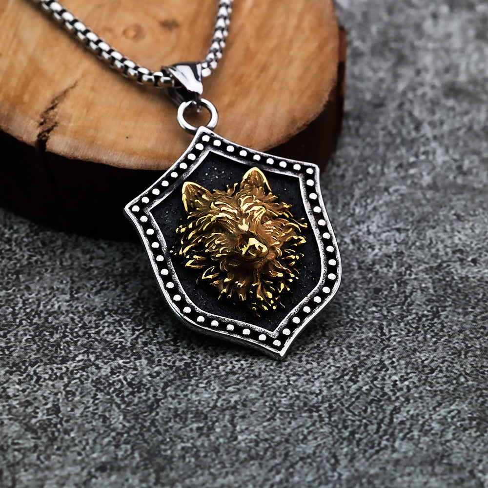 Hanging Shield Design Sense Necklace Men's Hip Hop Titanium Steel Necklace Nightclub Retro Wolf Head Pendant