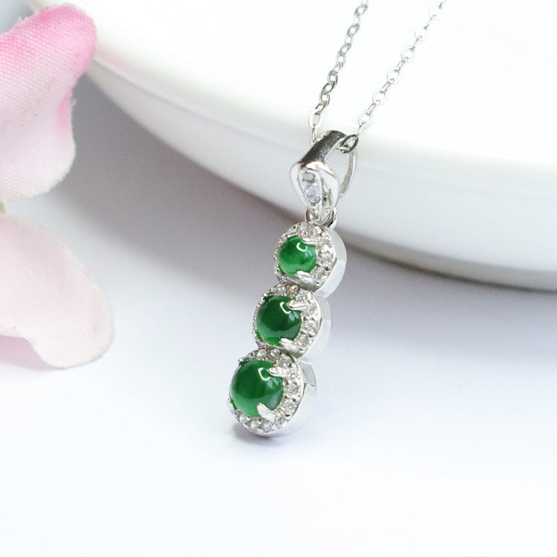 Emerald Green Ice Natural Jade Beaded Sterling Silver Necklace